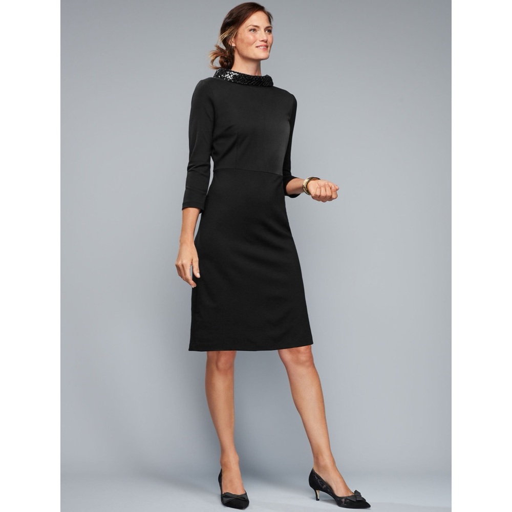 Talbots Sequin Mock Neck Ponte Long Sleeve Fit & Flare Dress Black Holiday Sz 10
